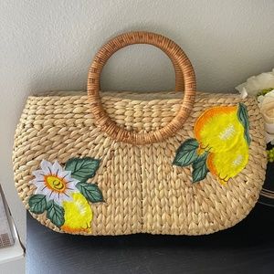 TIKI Woven Basket Embroidered Sturdy Lemon 🍋 Wicker Bag